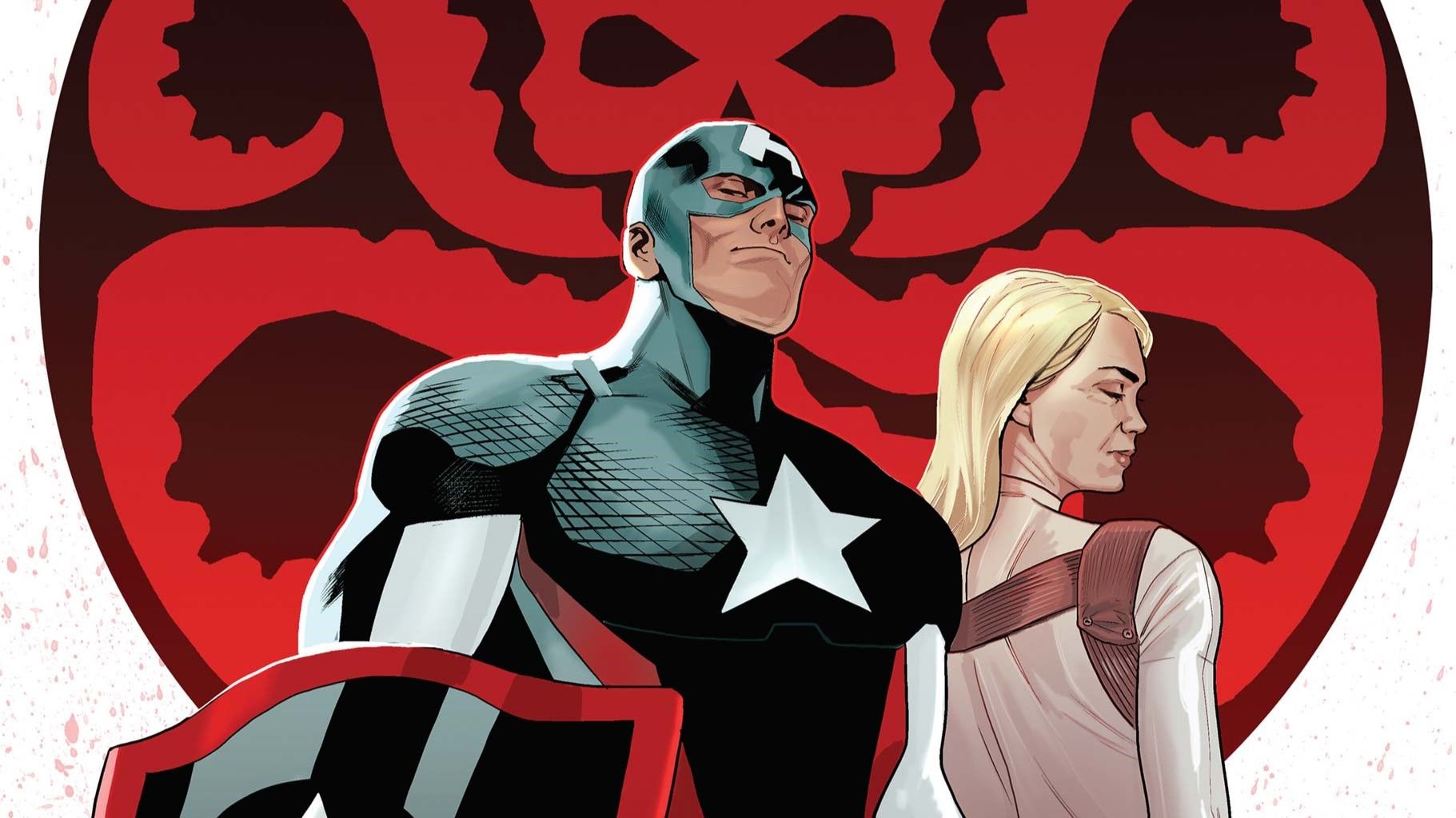 Hydra Captain America and Sharron Carter stand in front of the Hydra logo.