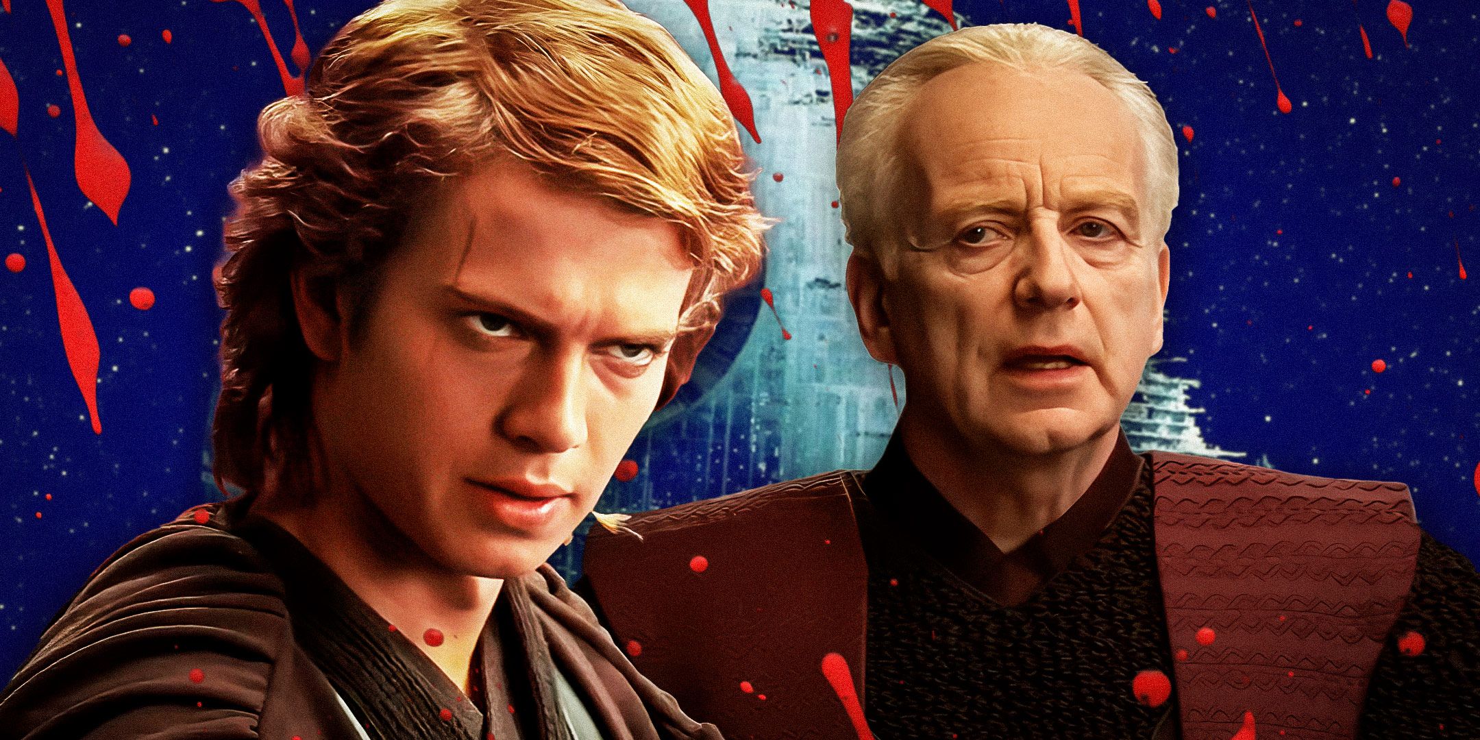 Anakin Skywalker في انتقام من السيث إلى اليسار ، بالباتين في انتقام من السيث إلى اليمين ، ونجم الموت في الخلفية