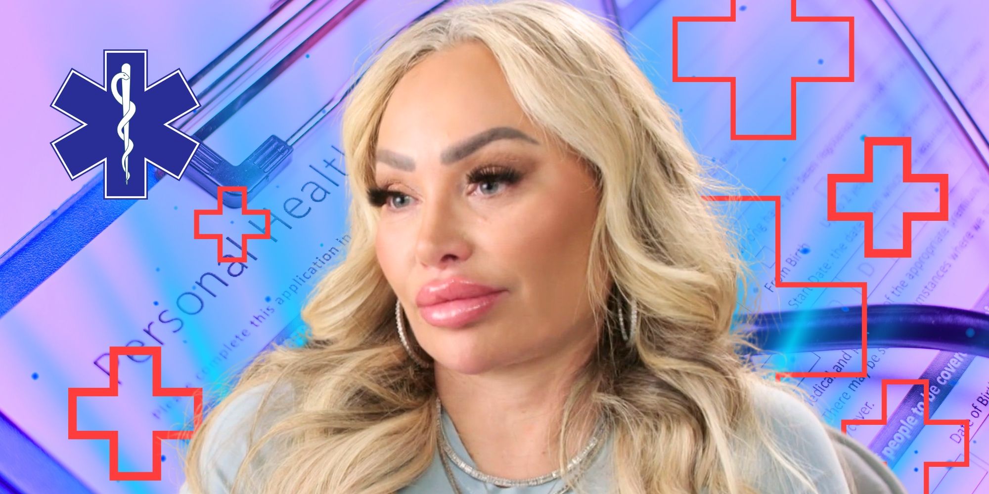 90 Day Fiancé’s Stacey Silva with medical paperwork and symbols behind her.
