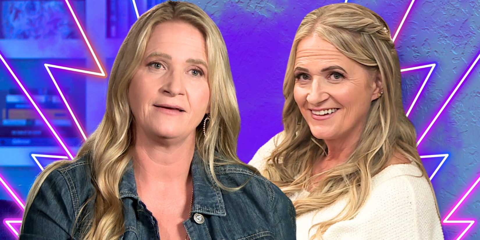 Sister Wives’ Christine Brown montage both smiling and looking concerned over a purple and pink background.