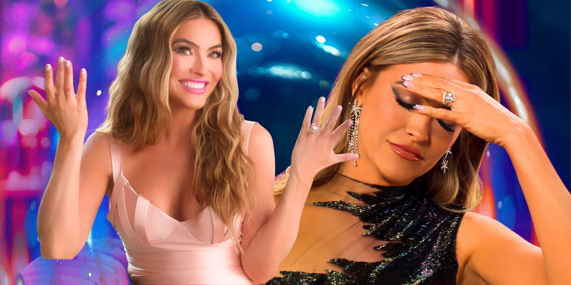 Chrishell Stause from Selling Sunset looking confused and holding her hands up on the left, over her face on the right.