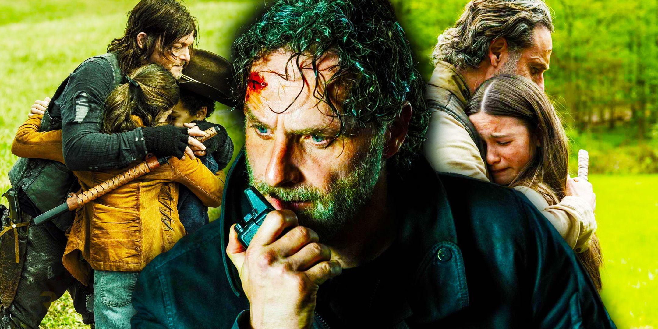 Andrew Lincoln as Rick Grimes in The Walking Dead with his kids and Daryl Dixon in the background