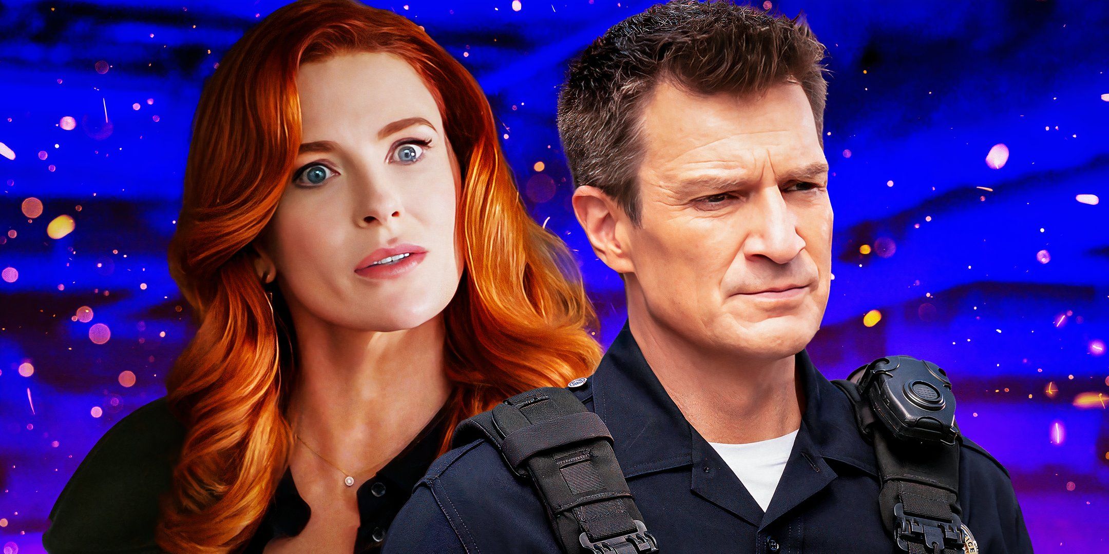 Bridget Regan as Monica Stevens and Nathan Fillion as John Nolan in The Rookie.