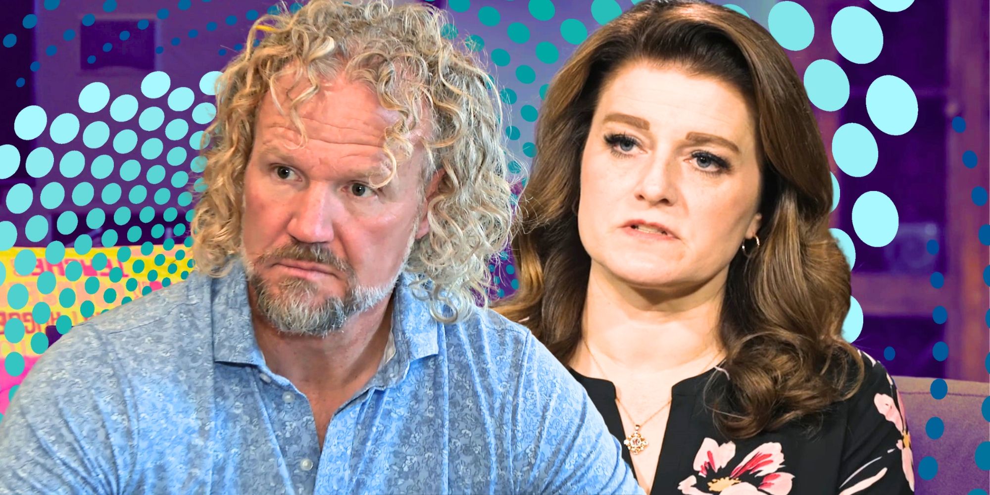 Sister Wives Kody Brown & Robyn Brown looking concerned over a purple and blue polka dot background.