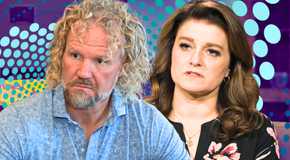 Sister Wives Kody Brown & Robyn Brown looking concerned over a purple and blue polka dot background.