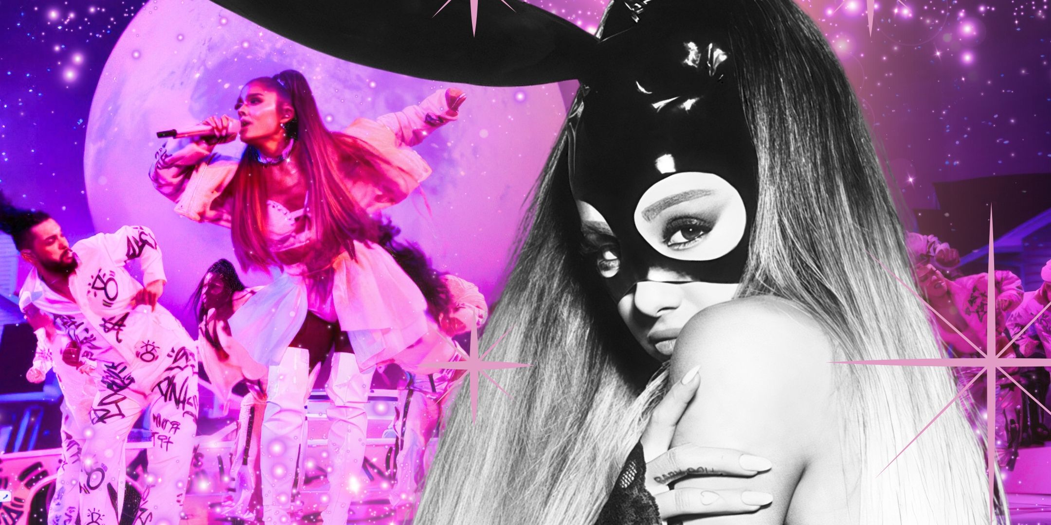 Ariana Grande wears her latex bunny mask for her Dangerous Woman album photo shoot, edited over her performing during the Sweetener World Tour.