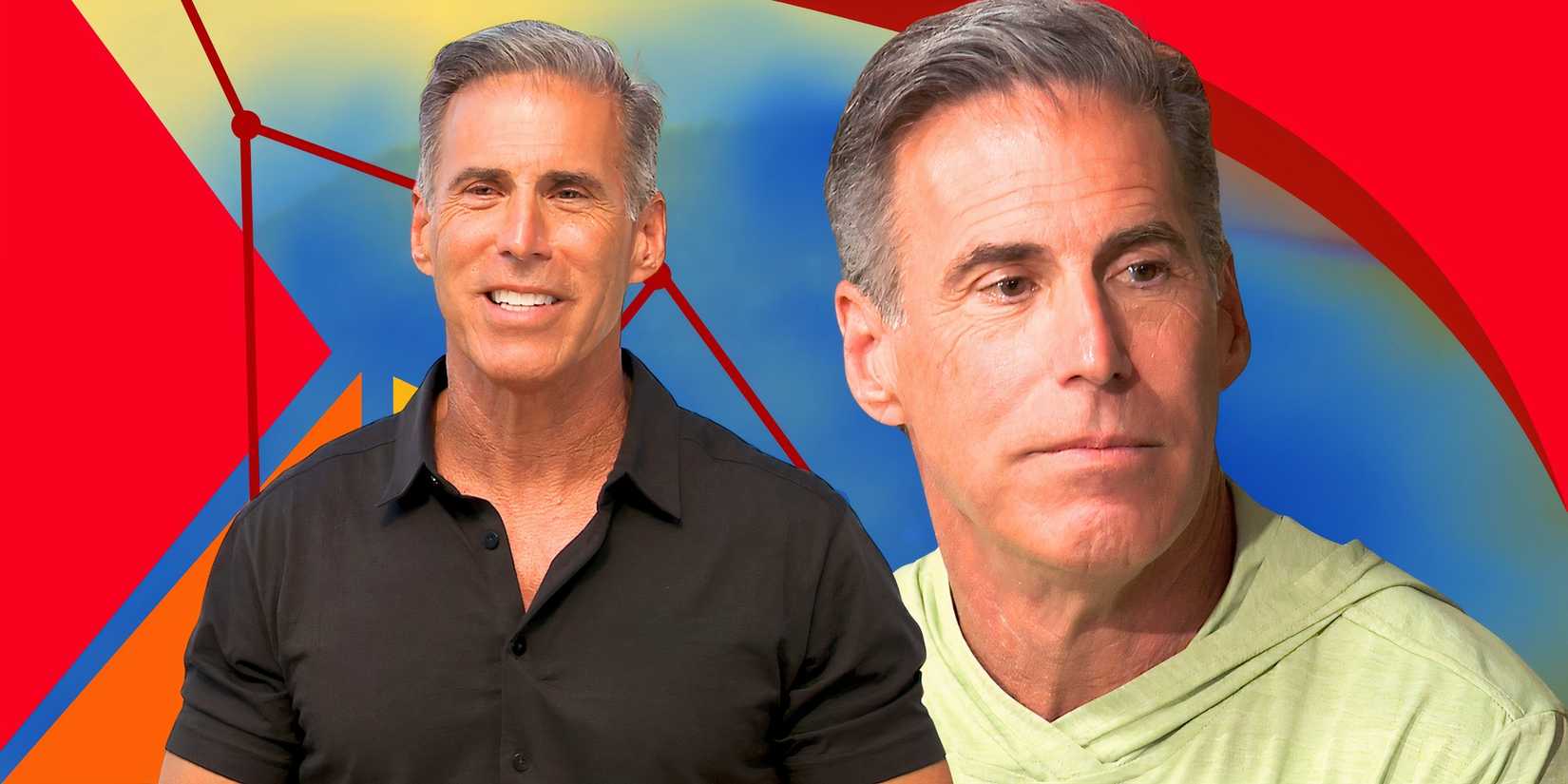 montage of The Golden Bachelorette’s Guy Gansert with colorful background