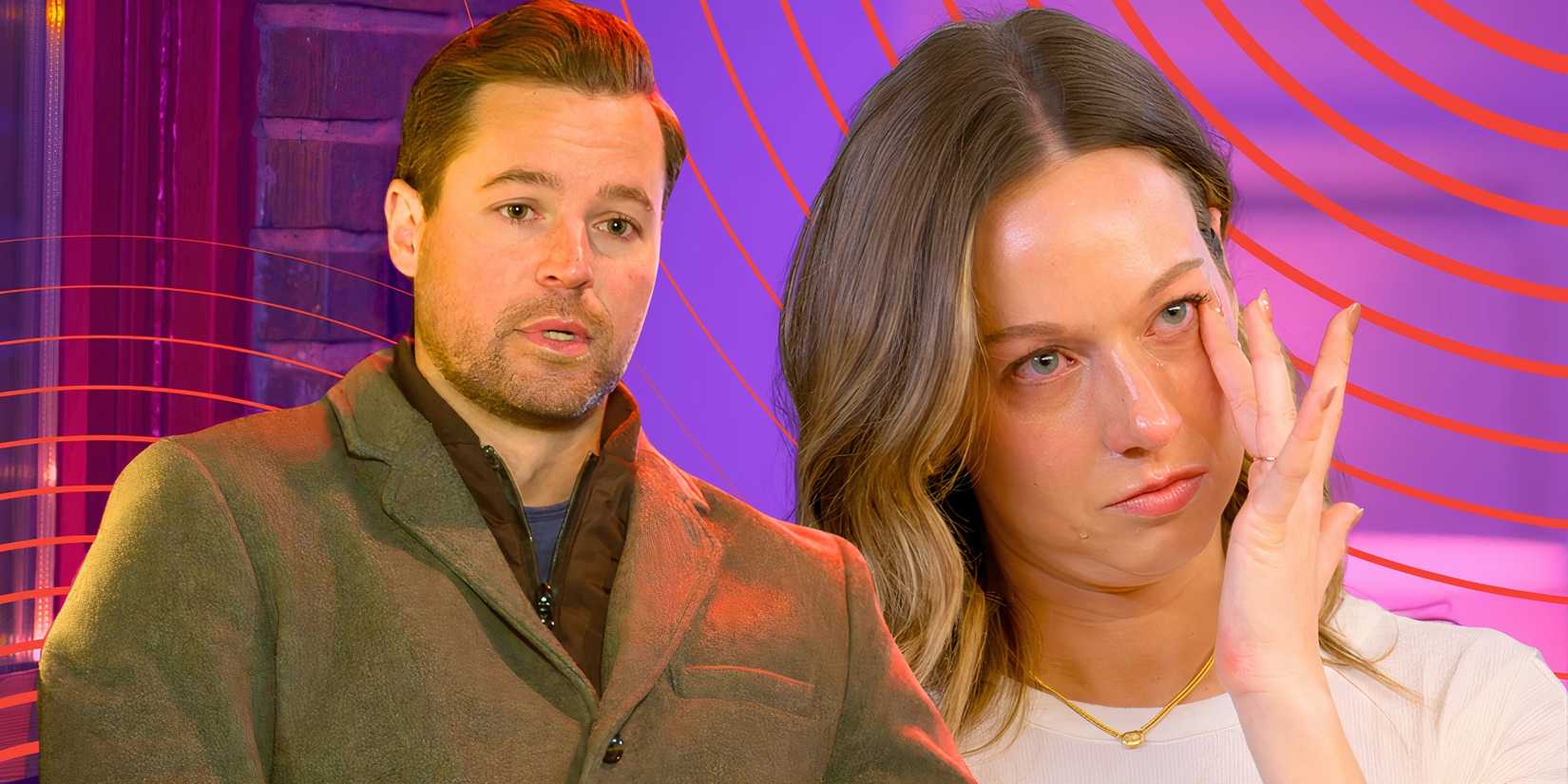 Dave Bettenburg talking and Lauren O'Brien crying on Love Is Blind season 8 with purple background/red stripes