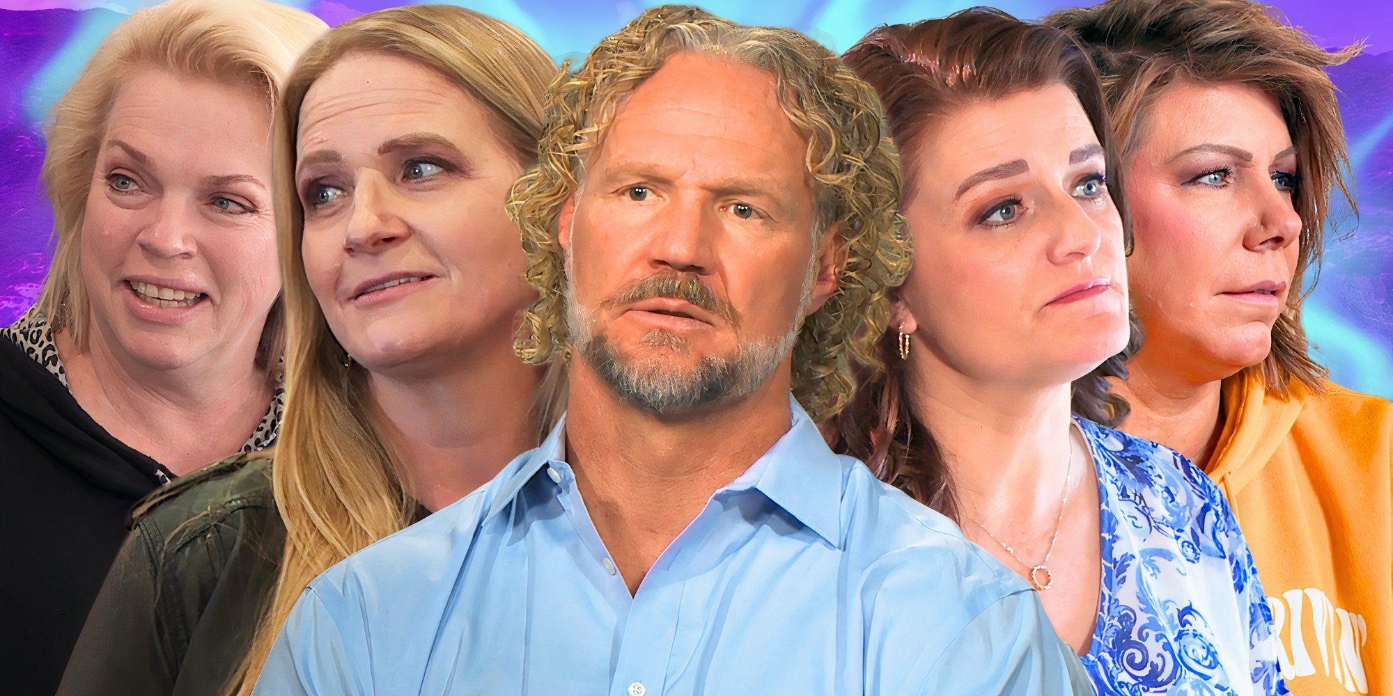 Sister Wives Meri, Robyn, Kody, Christine, &amp; Janelle Brown in side by side images with different expressions
