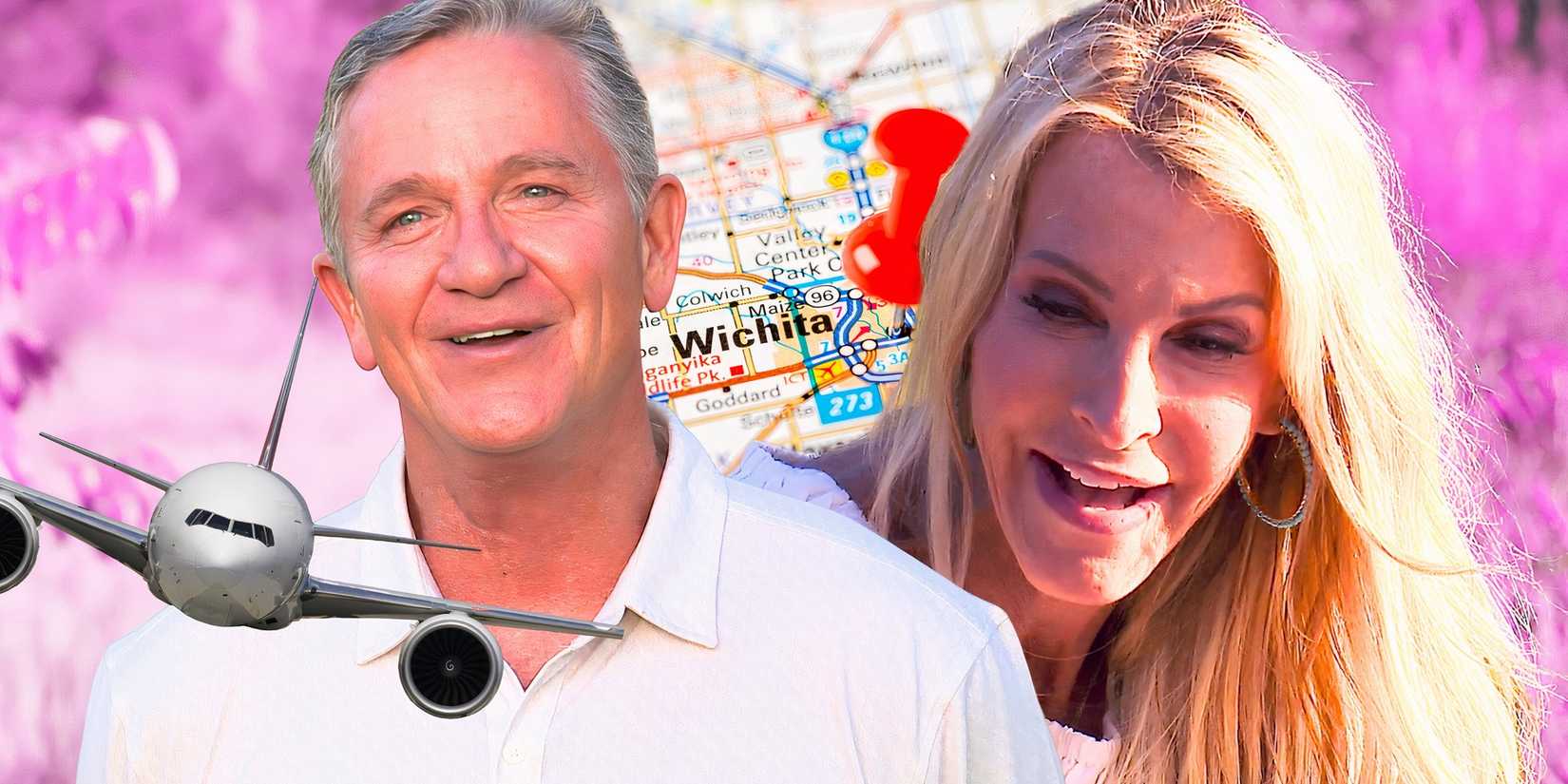 Montage image of The Golden Bachelorette's Chock Chapple and Joan Vassos with a Wichita background