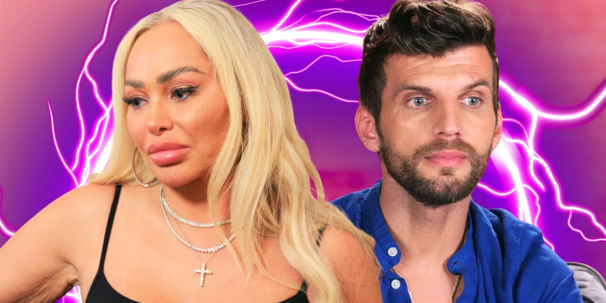 90 Day Fiancé’s Stacey Silva and Florian Sukaj look away from each other in front of lightning.