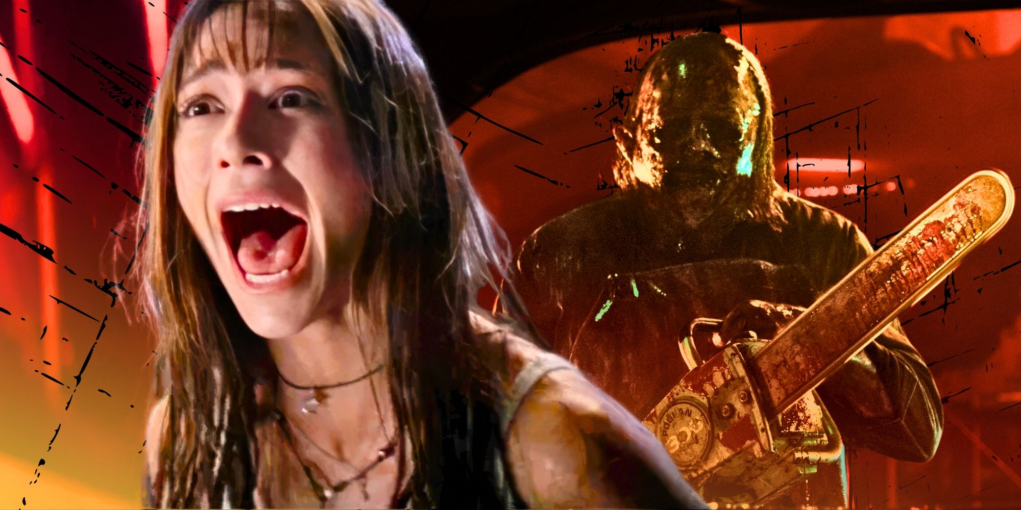 Jennifer Love Hewitt as Julie James in I Know What You Did Last Summer with leatherface from chainsaw massacre