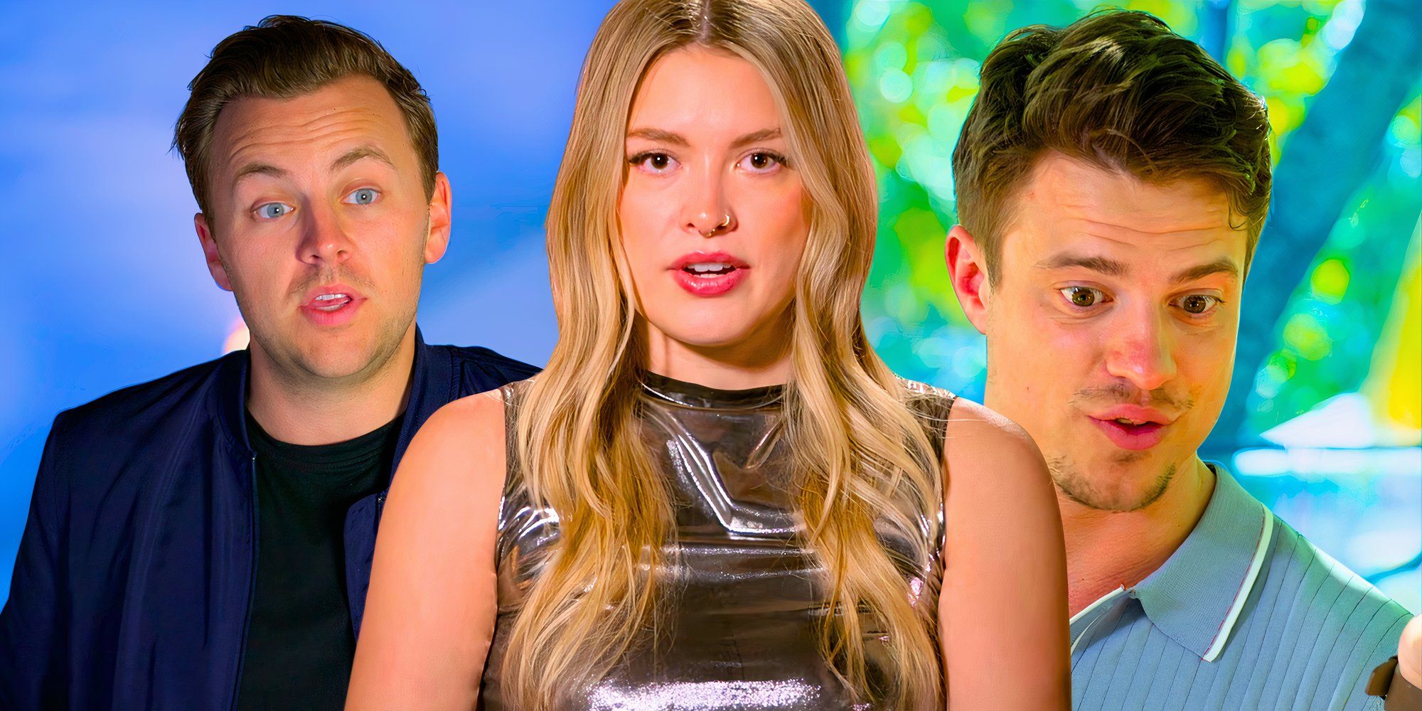 side by side image of Love is blind&rsquo;s season 8&rsquo;s Daniel, Madison, and Ben looking worried