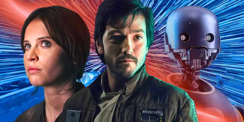 Jyn Erso to the left, Cassian Andor in the middle, and K-2SO to the right in front of a blue and red background of hyperspace