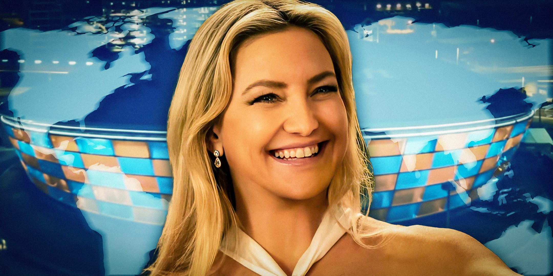 Kate Hudson as Isla Gordon smiling from Running Point in front of an image of the stadium from Running Point covered by a map of the world