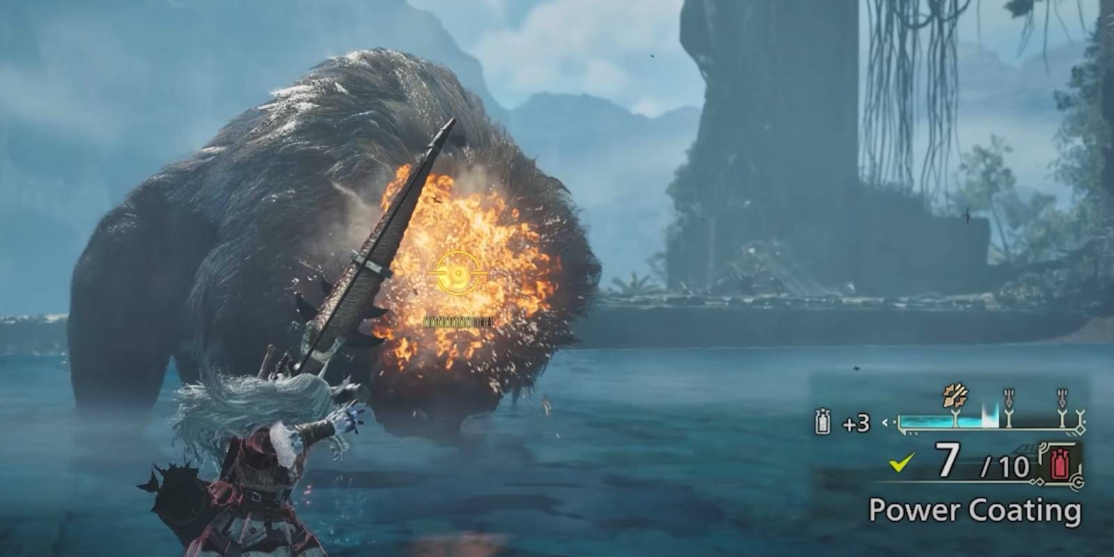 Monster Hunter Wilds Bow using Power Coating to deal more damage with Bow against monster