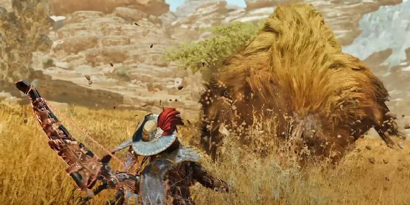 Monster Hunter Wilds Bow wielding character dashing away from Doshaguma monster