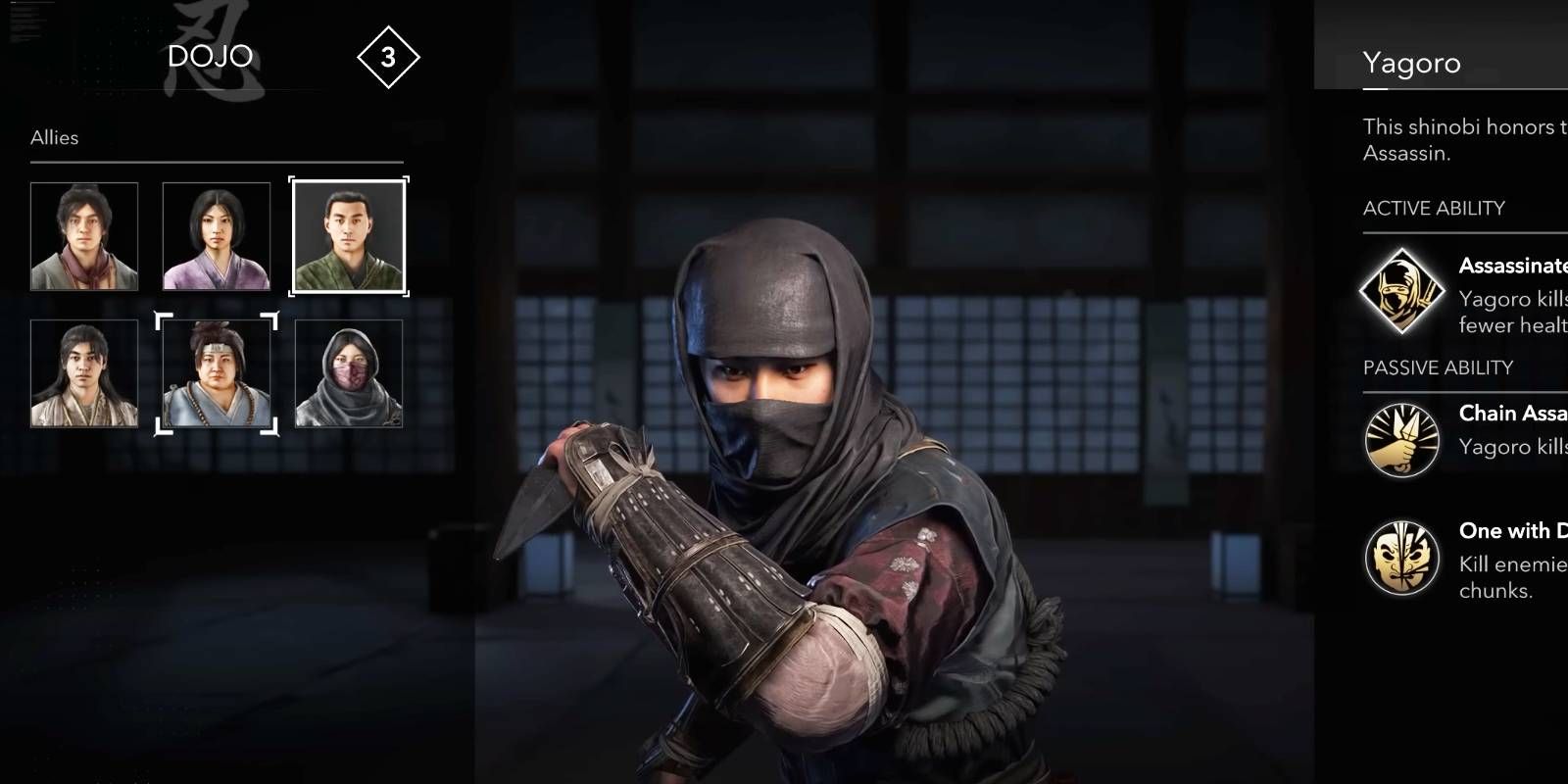 Assassins' Creed Shadows Yagoro ally character selected in Dojo roster