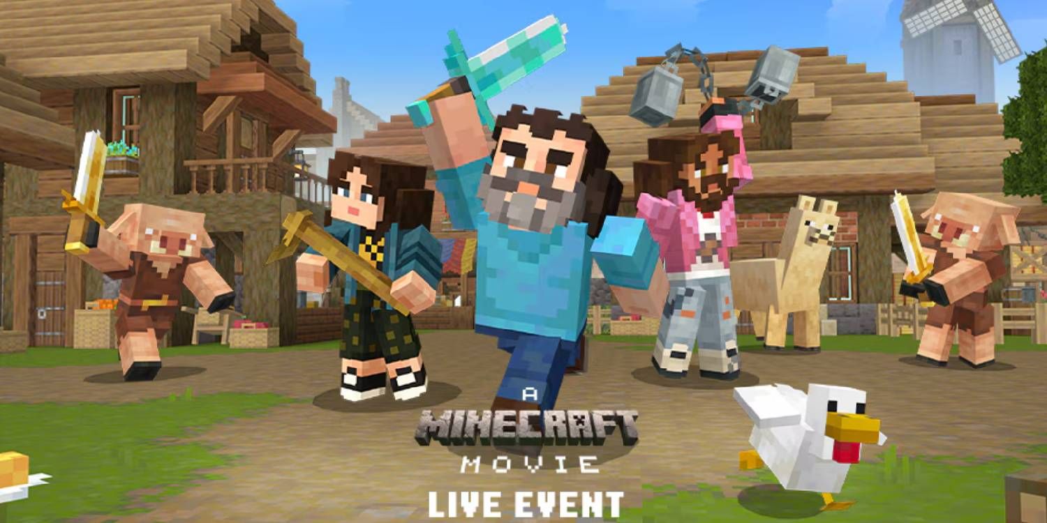 Minecraft Movie Live Event image of legendary Steve and other movie characters