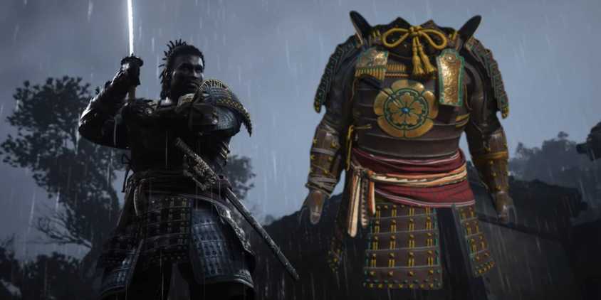 Assassin's Creed Shadows Yasuke raising sword in the rain next to his armor