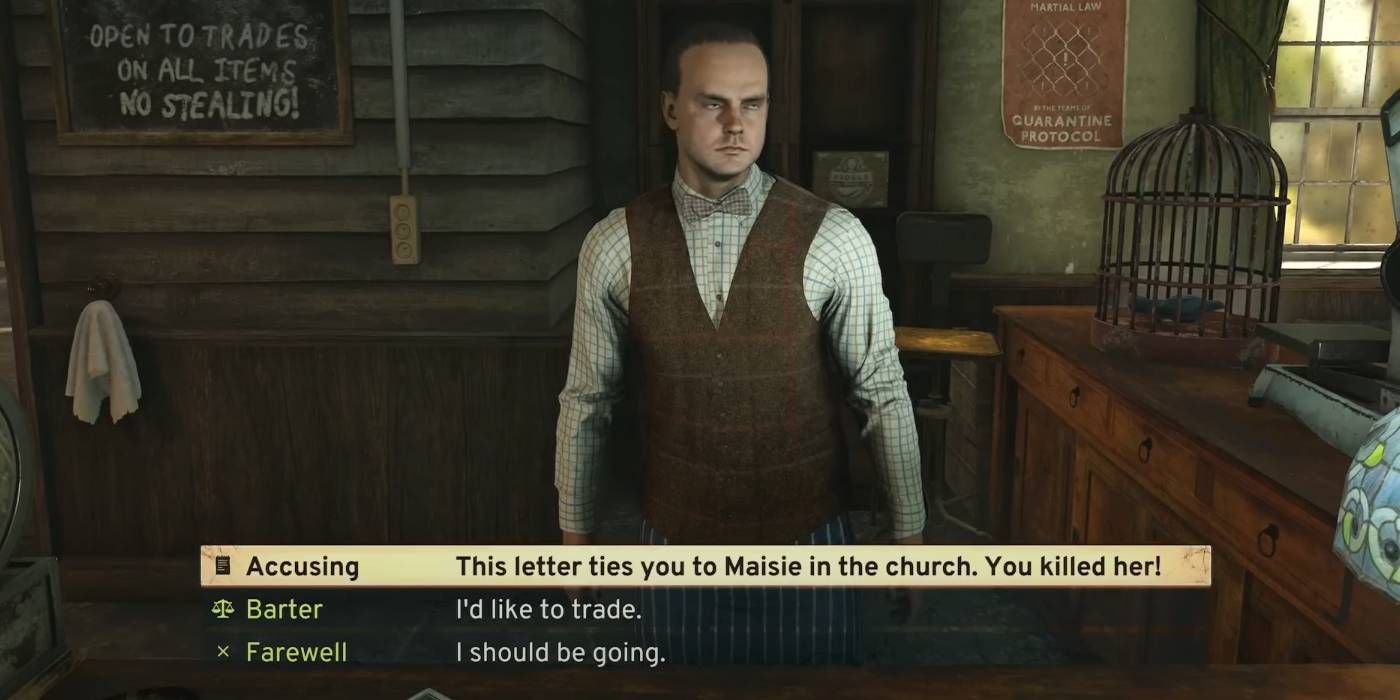 Atomfall confronting Morris Wick about the murder of Maise in the St. Katherine&rsquo;s Church Lead