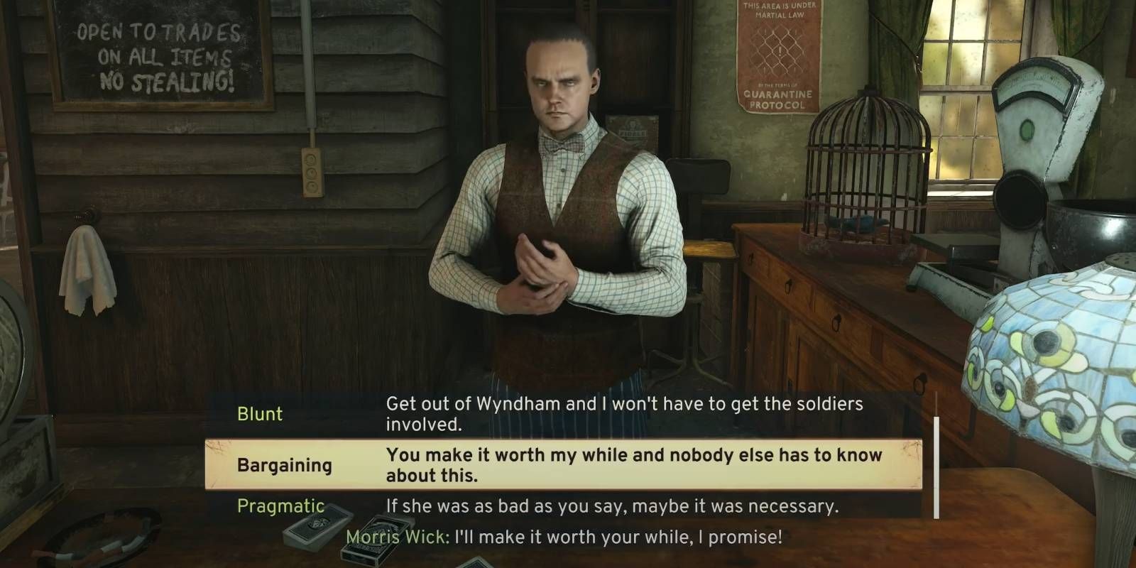 Atomfall Bargaining with Morris Wick after confronting him about murder from St. Katherine&rsquo;s Church Lead