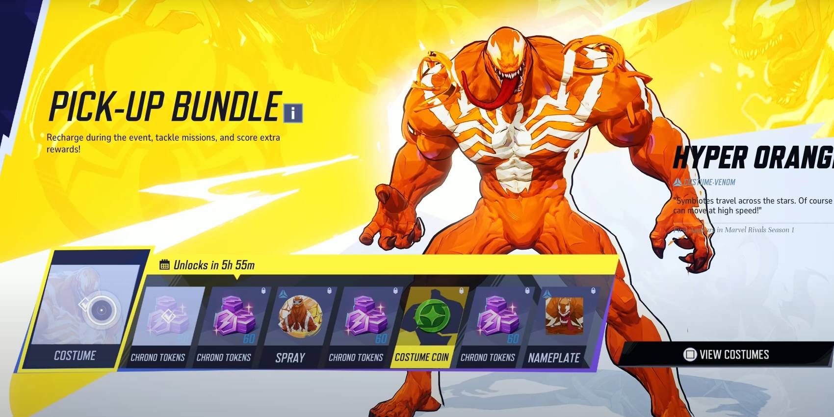Marvel Rivals Pick-Up Bundle with Hyper Orange Venom skin and several other recharging reward tiers