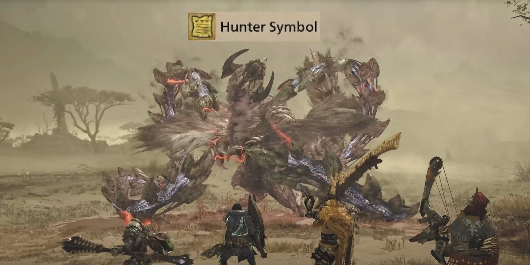 Monster Hunter Wilds Arkveld enfrentando quatro caçadores com o item Símbolo de Caçador exibido acima de sua cabeça