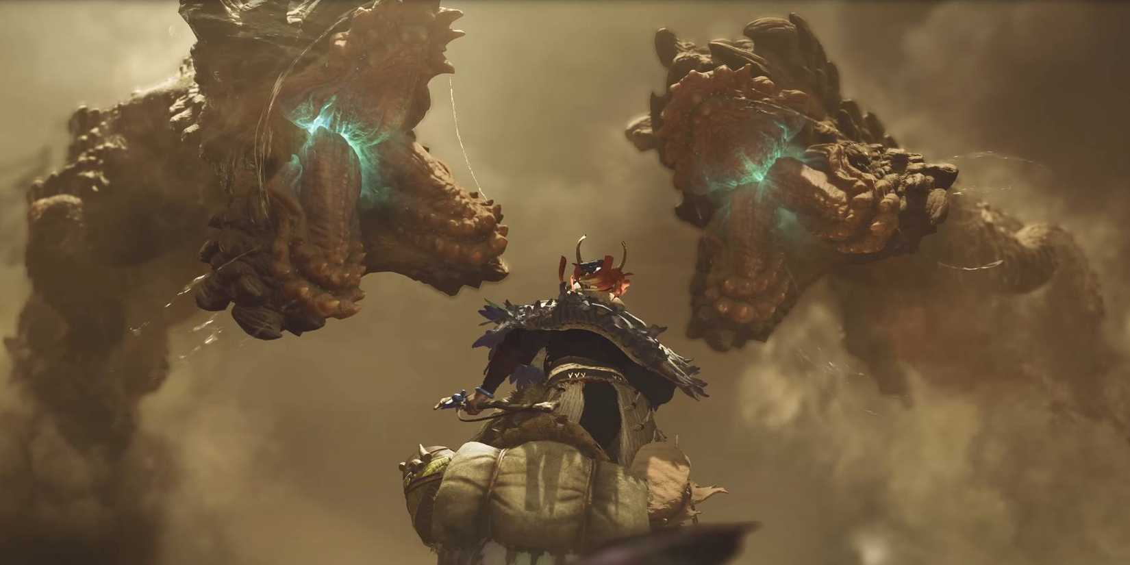 Monster Hunter Wilds hunter character on Seikret being attacked by two Balahara monsters