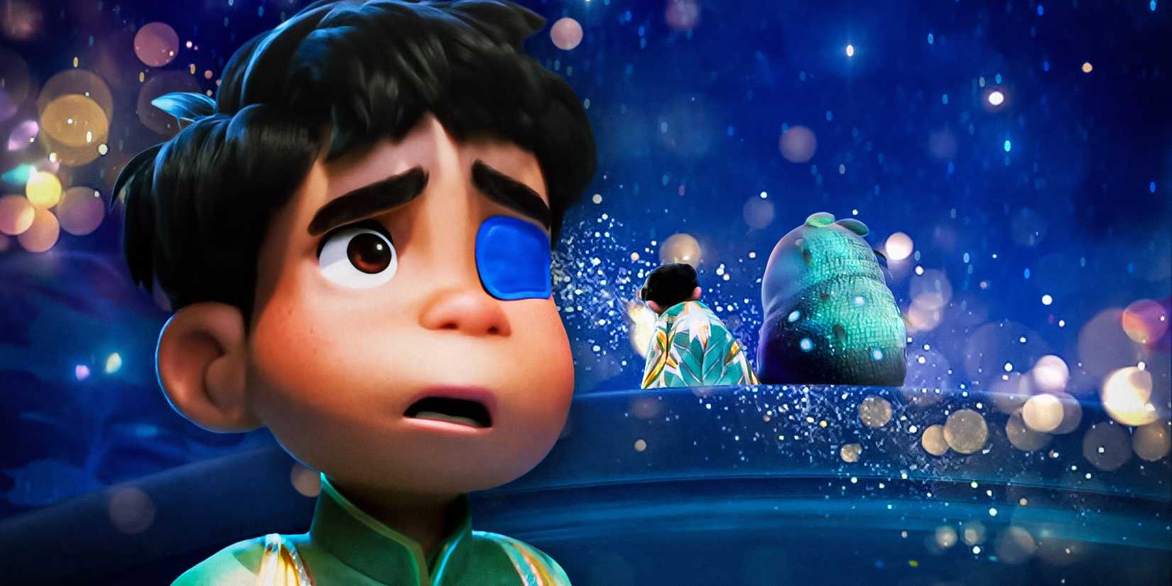 An edited image of Elio looking sad in Elio with him sitting with Glordon in the background