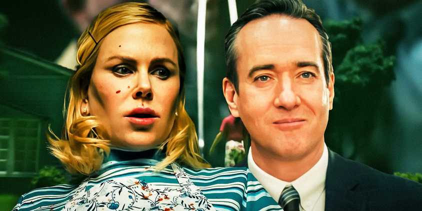 Nicole Kidman as Nancy in Holland with blood on her face to the left and Fred (Matthew Macfadyen) in Holland to the right 