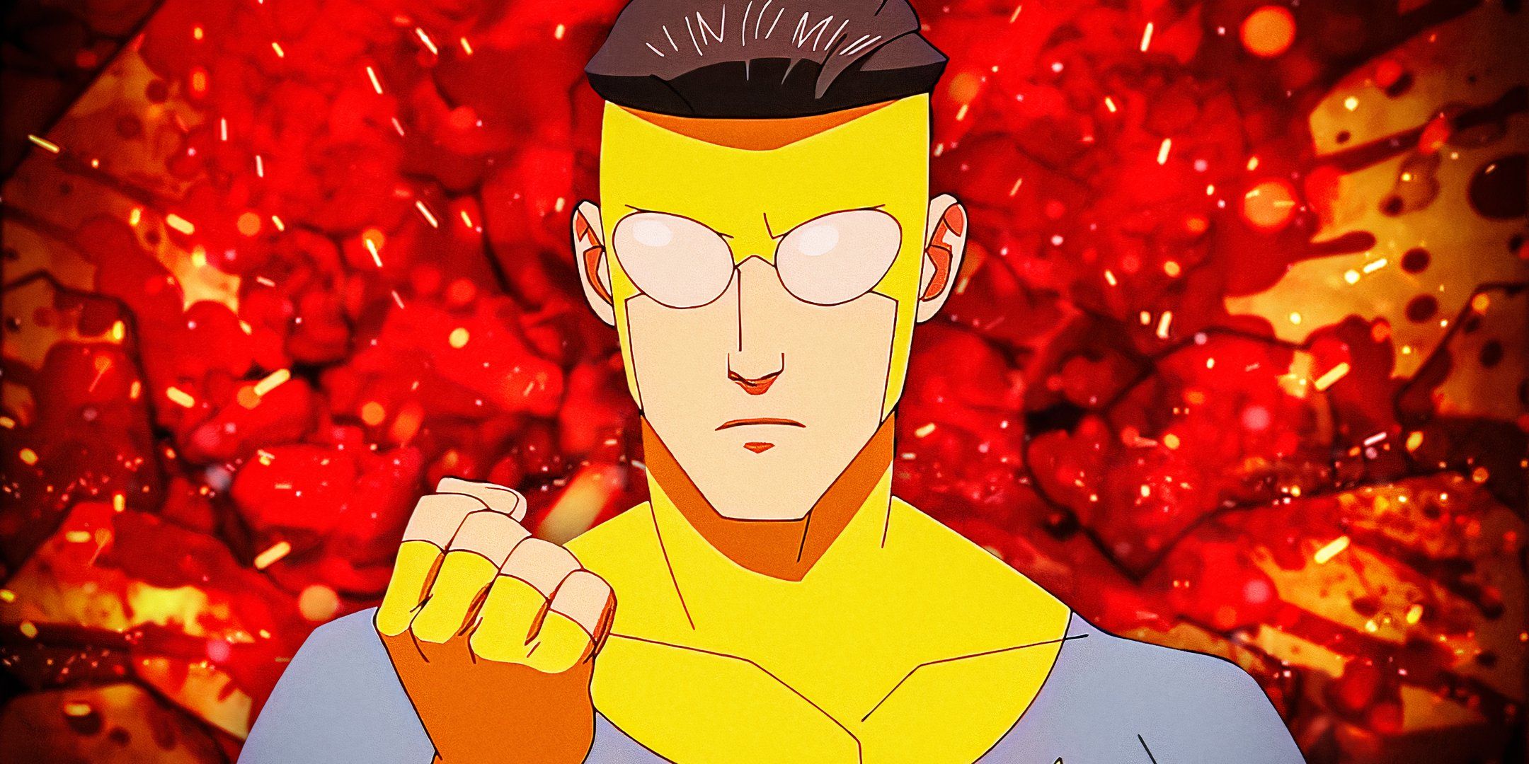 Invincible raising his fist angrily above a background of blood and guts