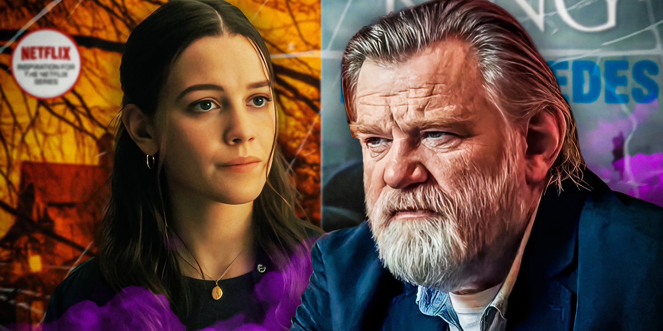 A collage with Victoria Pedretti from The Haunting of Hill House and Brendan Gleeson in Mr. Mercedes. 