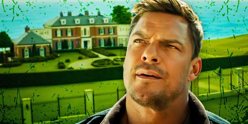 An edited image of Alan Ritchson as Reacher looking confused in Reacher season 3 with Beck's mansion in the background.