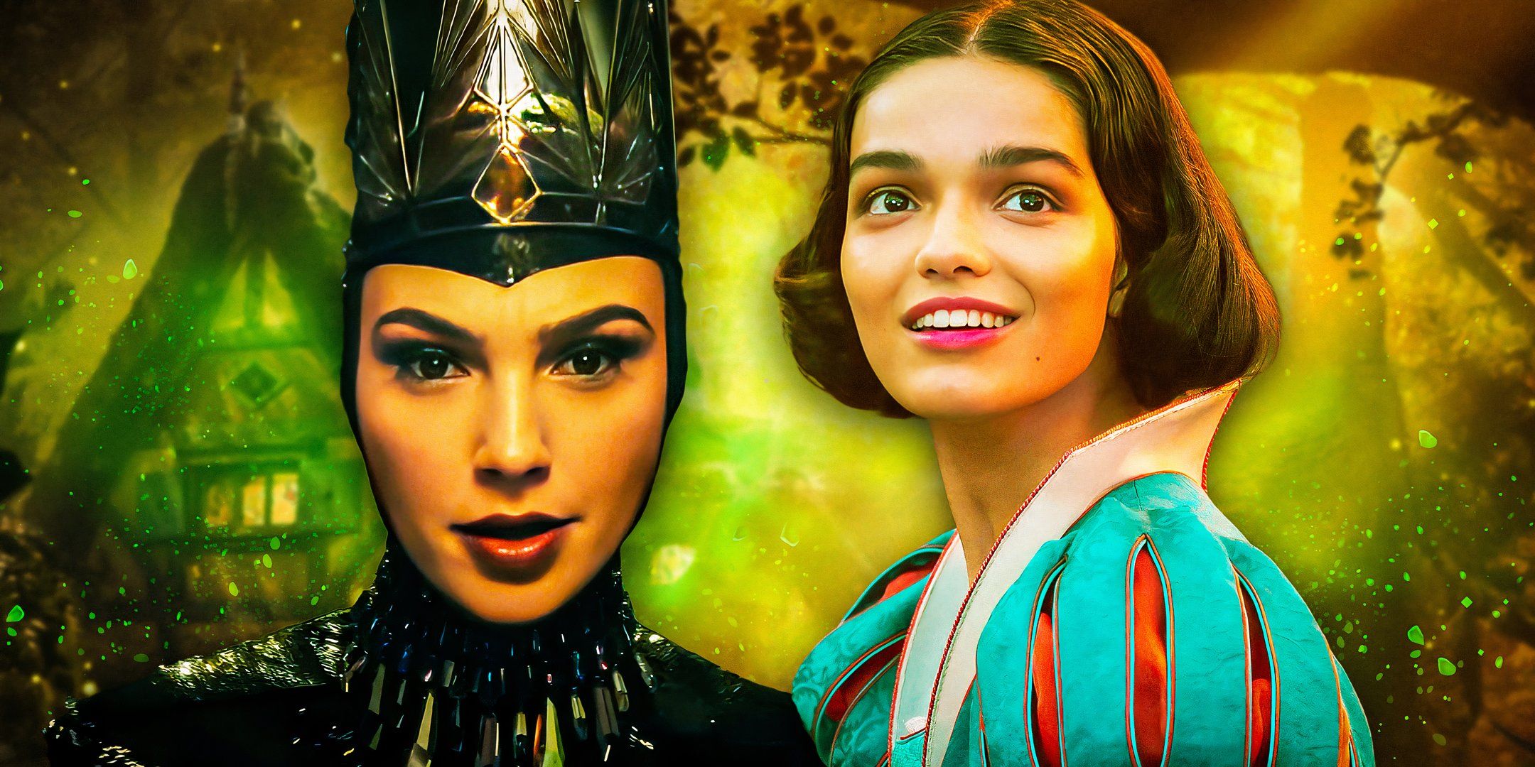 A collage of Gal Gadot and Rachel Zegler in the live-action Snow White movie against an image of the cottage