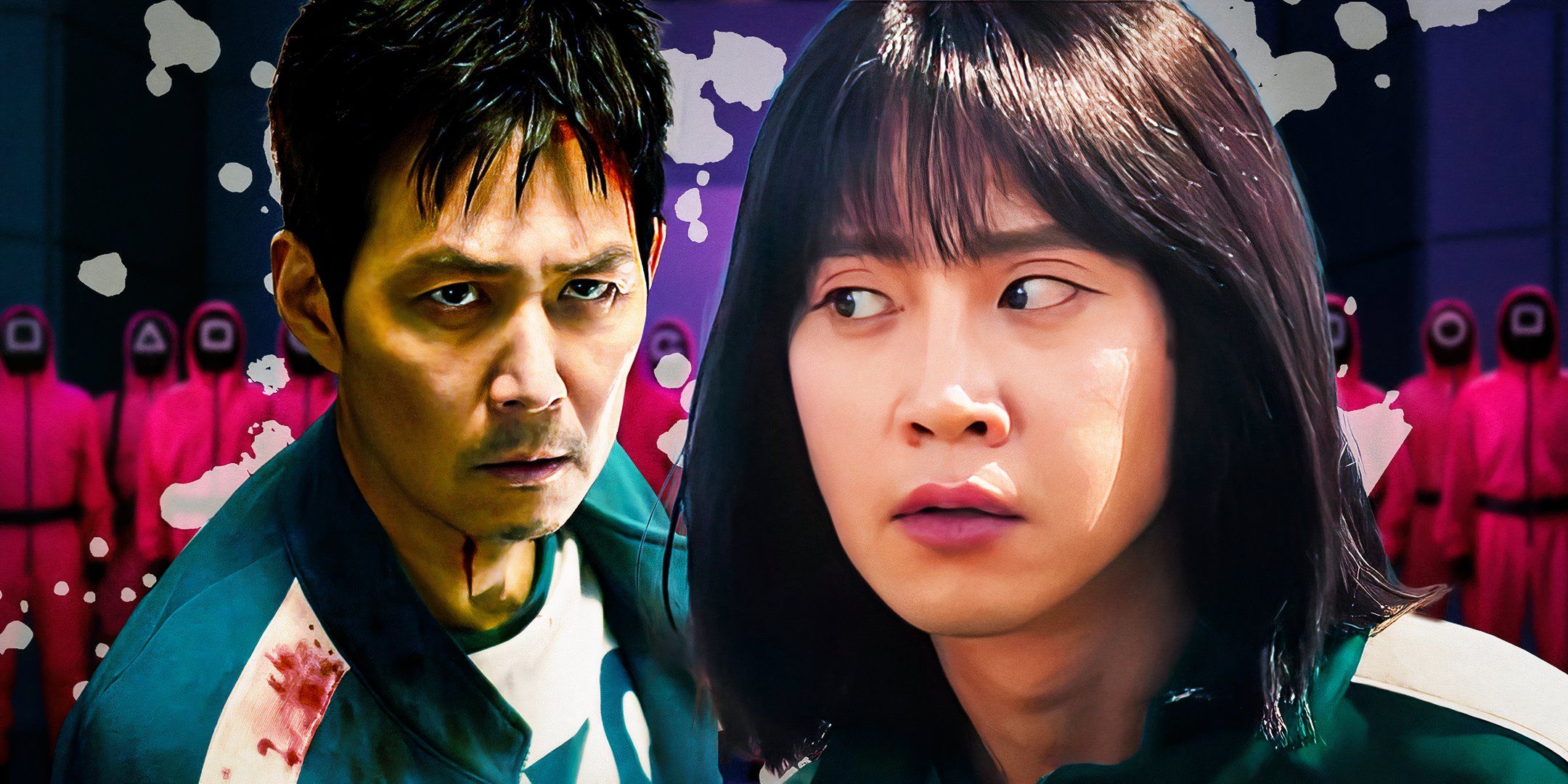 An edited image of Gi-hun and Hyun-ju in Squid Game season 2 with several Masked Men in the background.