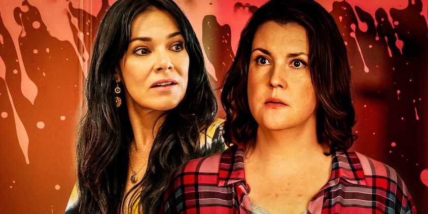Custom image of adult Lottie (Simone Kessell) and Shauna (Melanie Lynskey) in Yellowjackets with blood splatters in the background