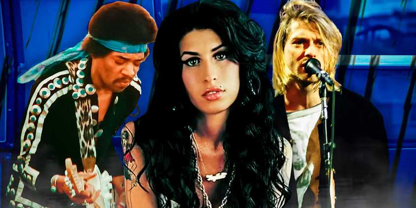 Amy Winehouse poses for her Back to Black album, edited over Jimi Hendrix playing his guitar and Kurt Cobain performing live.