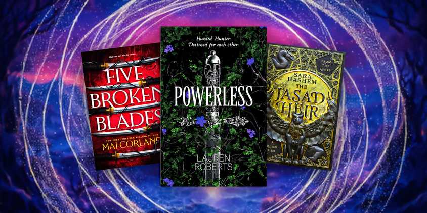 Powerless, Five Broken Blades, and The Jasad Heir book covers purple background