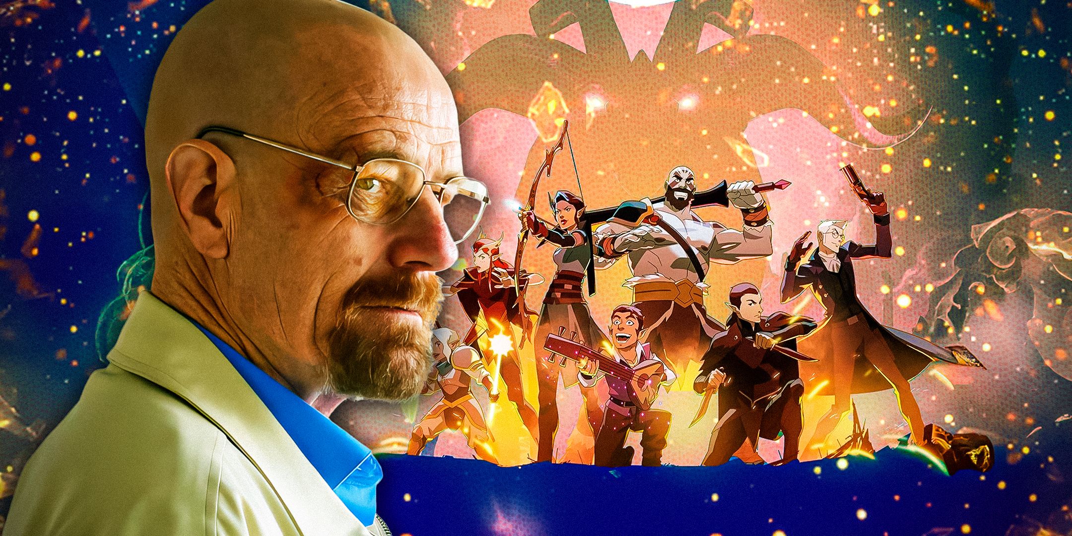 Imagery of Walter White (Bryan Cranston) in Breaking Bad and the ensemble cast of The Legend Of Vox Machina