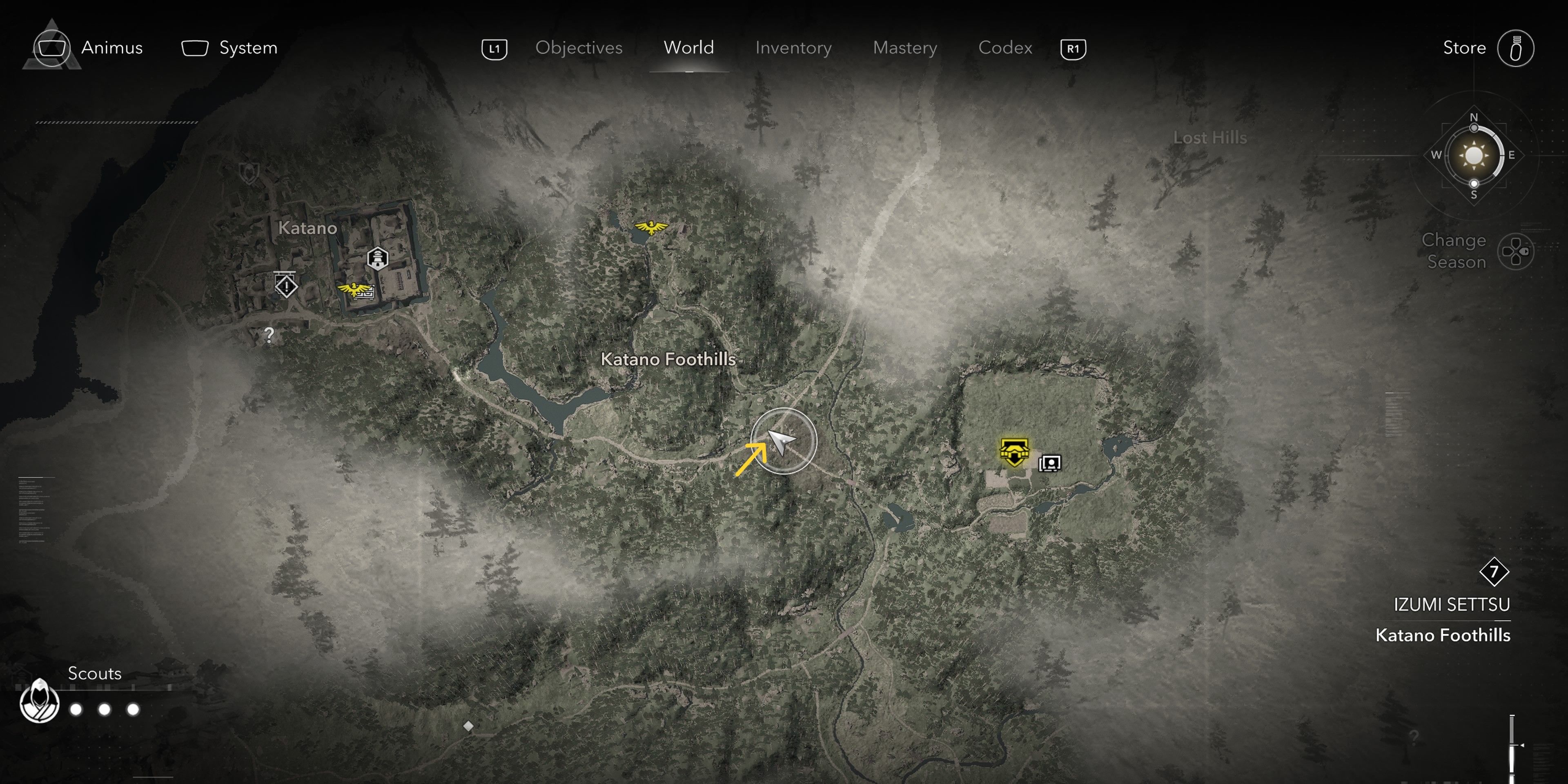 Map location of the Katano Foothills Jizo Statue in Assassin&rsquo;s Creed Shadows