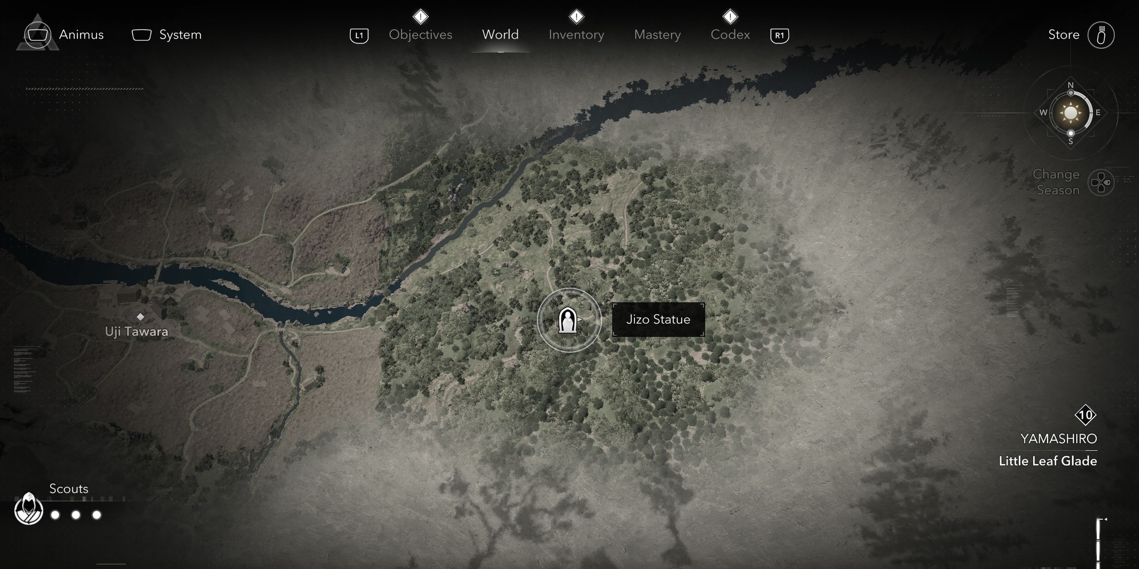 Map location of Little Leaf Glade Jizo Statue in Assassin's Creed Shadows