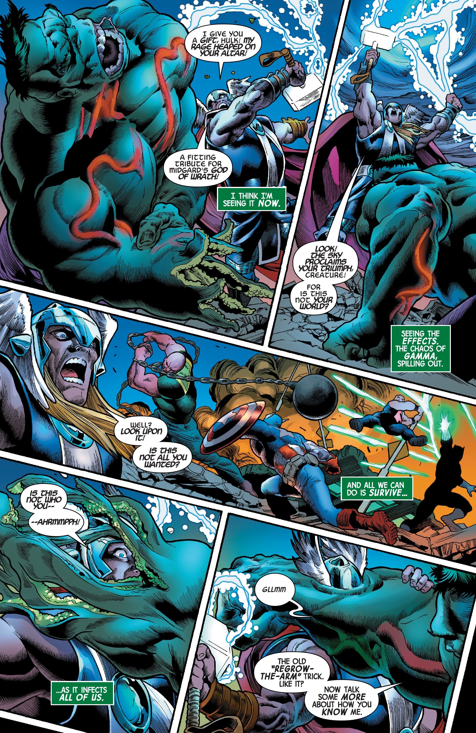The Hulk regrows his arm around Thor&rsquo;s head.