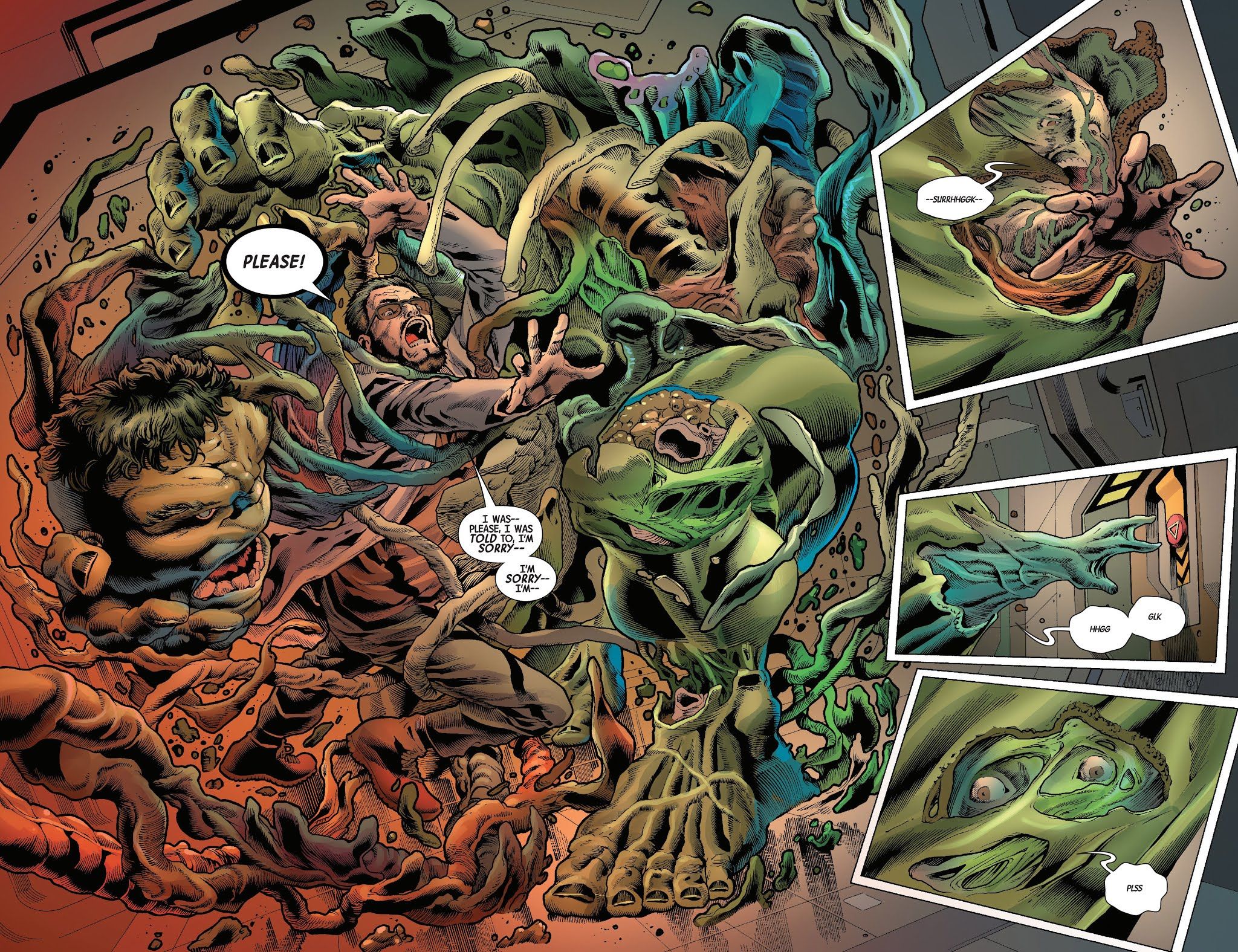 The Hulk consumes a scientist inside his body as his healing factor kicks in.