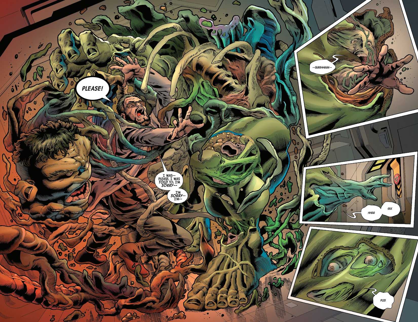 The Hulk consumes a scientist inside his body as his healing factor kicks in.