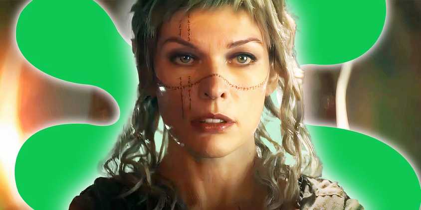 An edited image of Milla Jovovich in In the Lost Lands with the Rotten Tomatoes Rotten logo in the background.