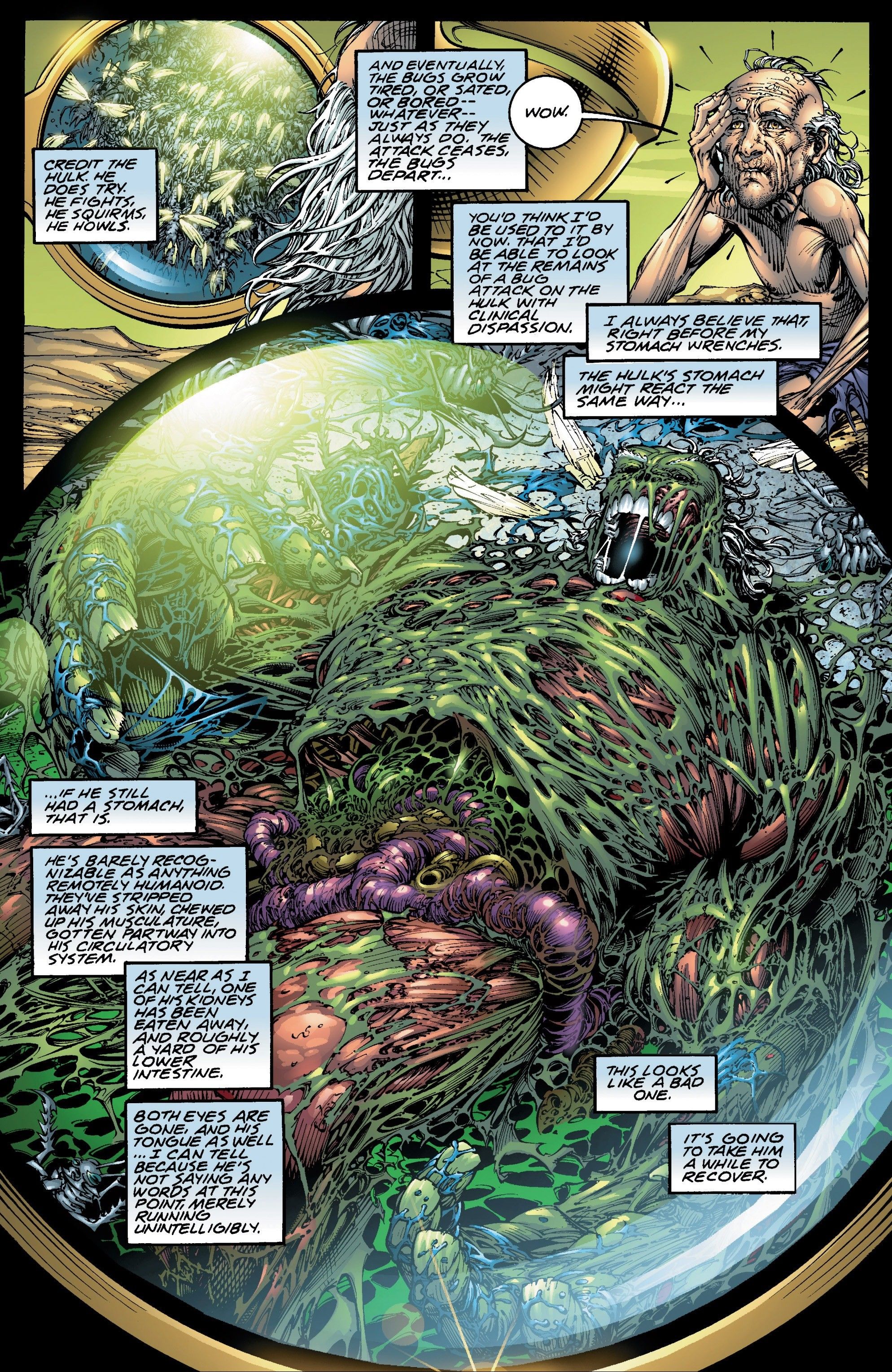 Bruce Banner looks at a recording of the Hulk, who was recently eaten alive.