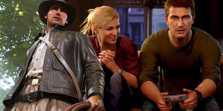 Indiana Jones from Indiana Jones and the Great Circle next to Nathan and Elena from Uncharted