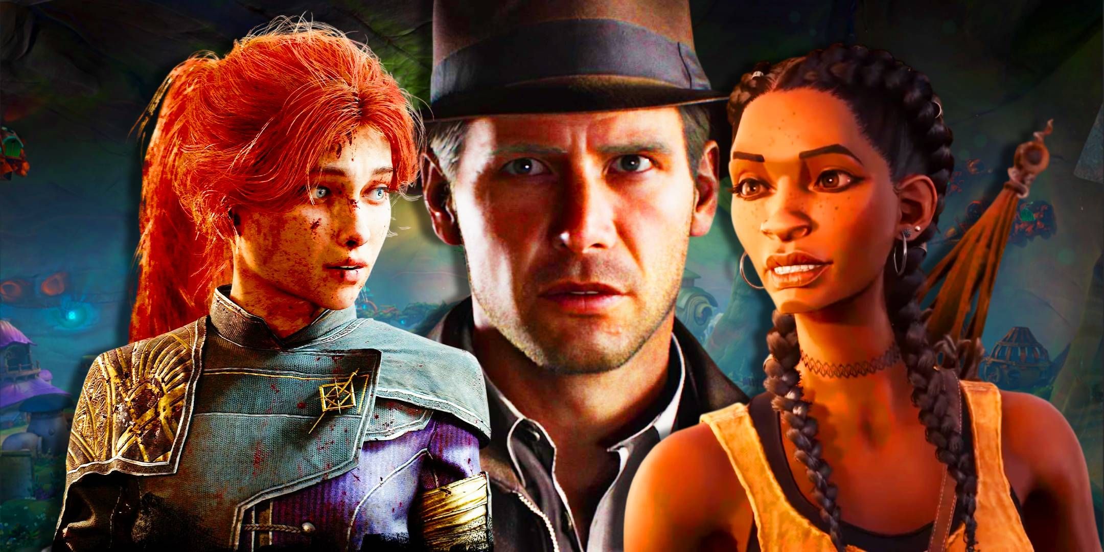 Indiana Jones from Indiana Jones and the Great Circle next to Hazel from South Of Midnight and Maelle from Expedition 33.