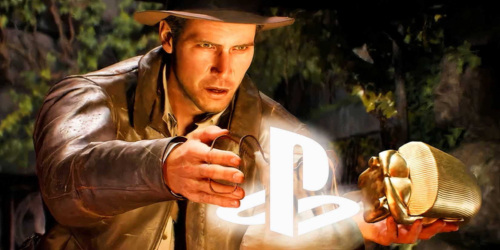 Indy reaching for a glowing PlayStation logo in an edited screenshot from Indiana Jones and the Great Circle.
